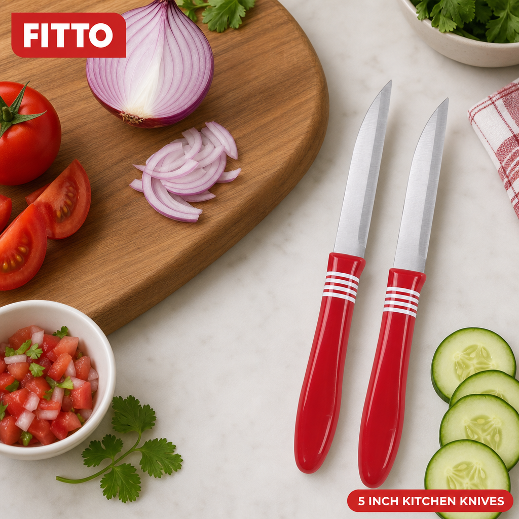 120 Pieces 5 Inch Kitchen Knives Set With Plastic Handles, Red and Silver, 2 Pieces