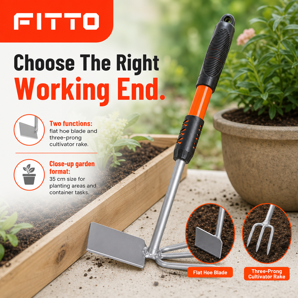 120 Pieces Dual-Head Garden Hand Tools with Flat Hoe Blade and 3-Prong Cultivator Rake, 35 cm, Silver Black Orange