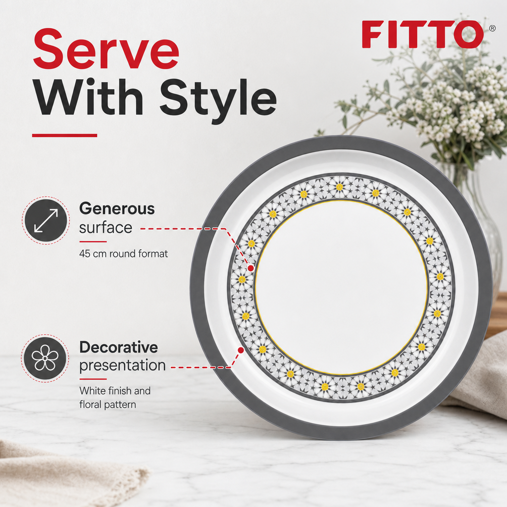 72 Pieces Round Melamine Serving Trays, 45 cm, White with Floral Pattern