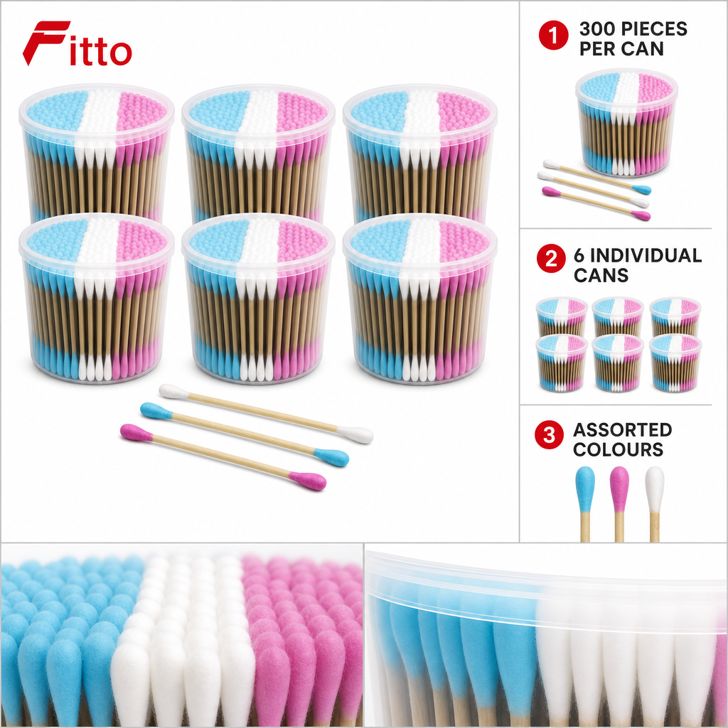 96 Pieces Cotton Budses, 300 Pieces per Can, 6-Pack, Assorted Colours in Plastic Cans