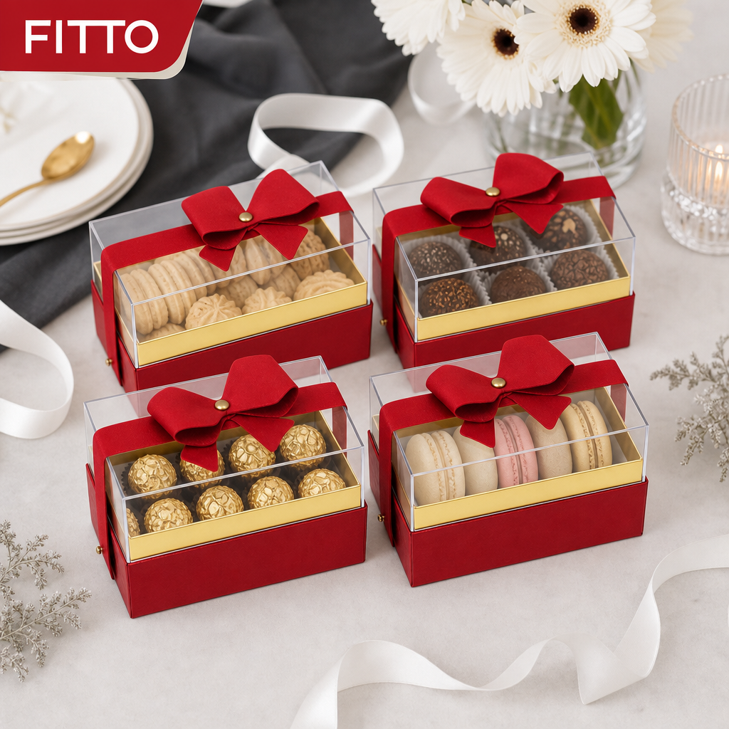 72 Pieces Acrylic Presentation Boxes with Ribbon, Red Rectangular Clear-Top Boxes, 14 x 9 x 9 cm, 4 Pieces