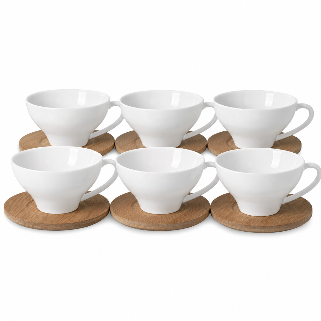 60 Pieces Ceramic Tea and Coffee Cup Set with Looped Handles and Wooden Saucers, White and Natural Wood, 6 Pieces