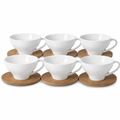60 Pieces Ceramic Tea and Coffee Cup Set with Looped Handles and Wooden Saucers, White and Natural Wood, 6 Pieces