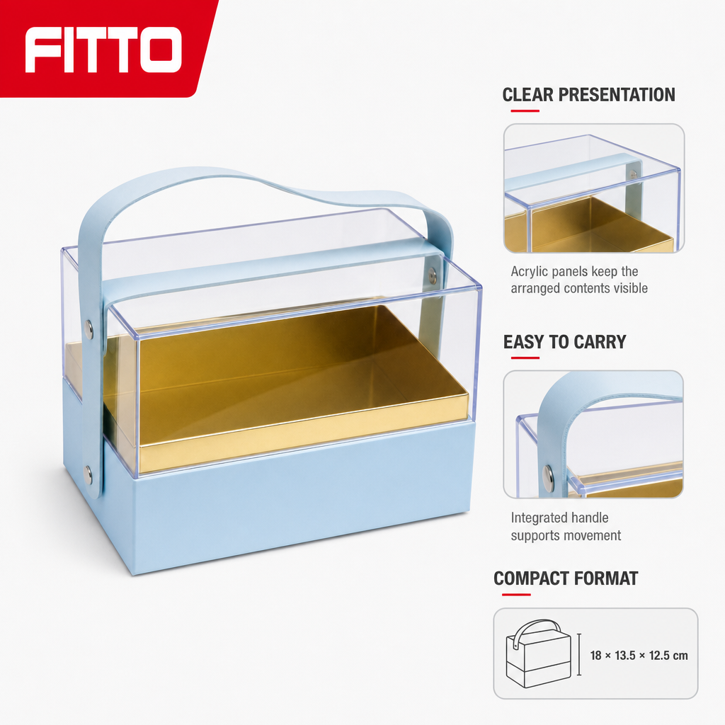 96 Pieces Acrylic Presentation Box, Blue Rectangular Design with Carry Handle, 18 × 13.5 × 12.5 cm, 1 Piece