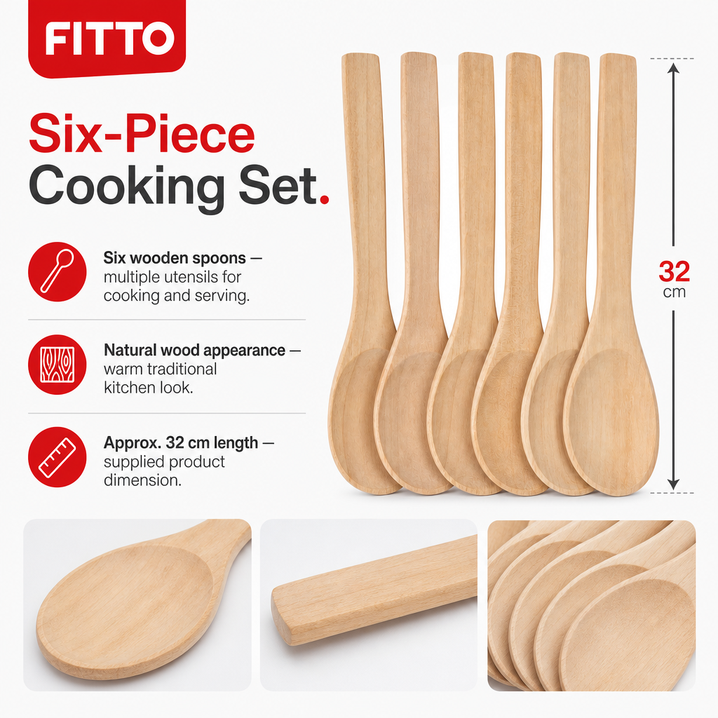 144 Pieces Wooden Cooking Spoon Set, 6 Pieces, Natural Wood Finish, Approx. 32 cm