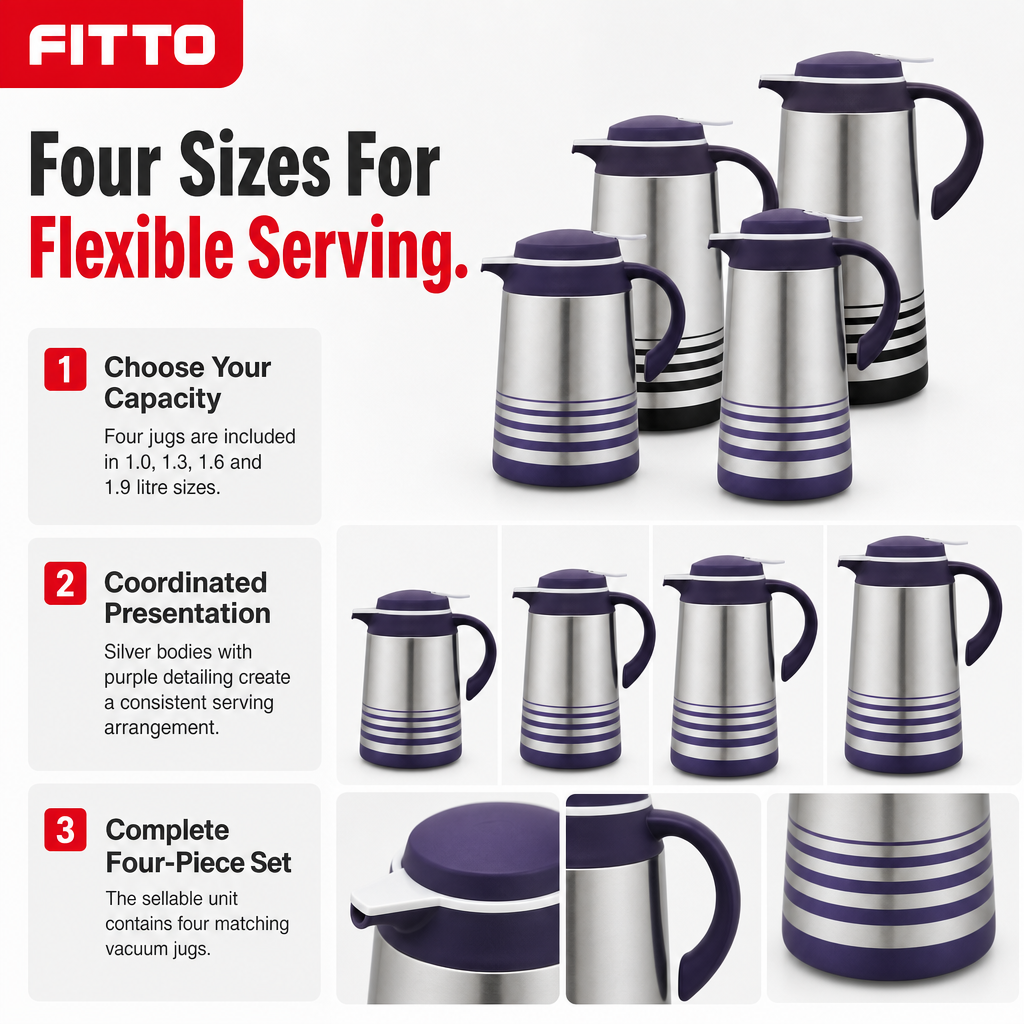 48 Pieces Vacuum Jug Set, Silver and Purple, 4 Pieces with 1.0, 1.3, 1.6 and 1.9 Litre Capacities