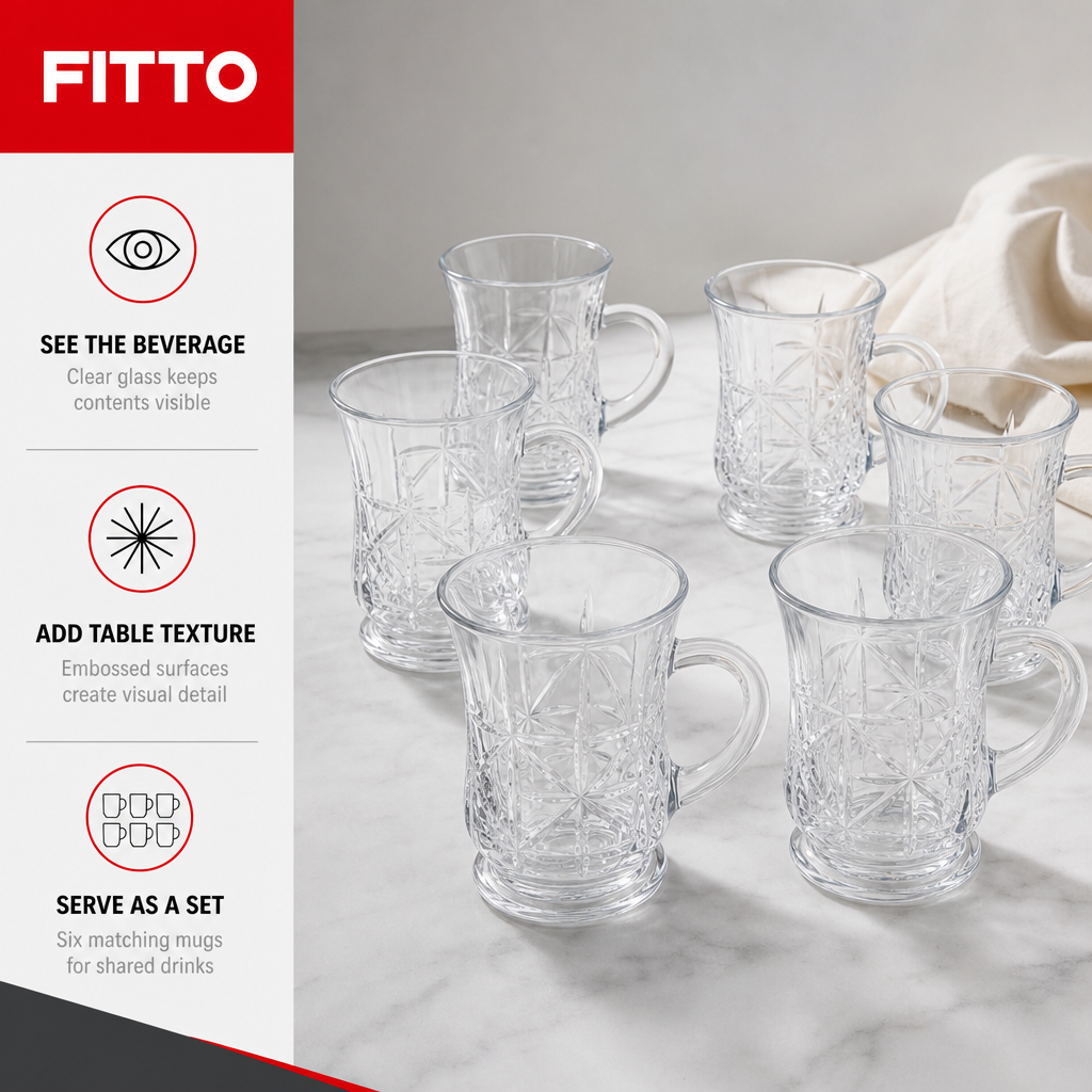 96 Pieces Embossed Clear Glass Mugs with Handles, 6-Piece Set for Tea, Coffee and Everyday Serving