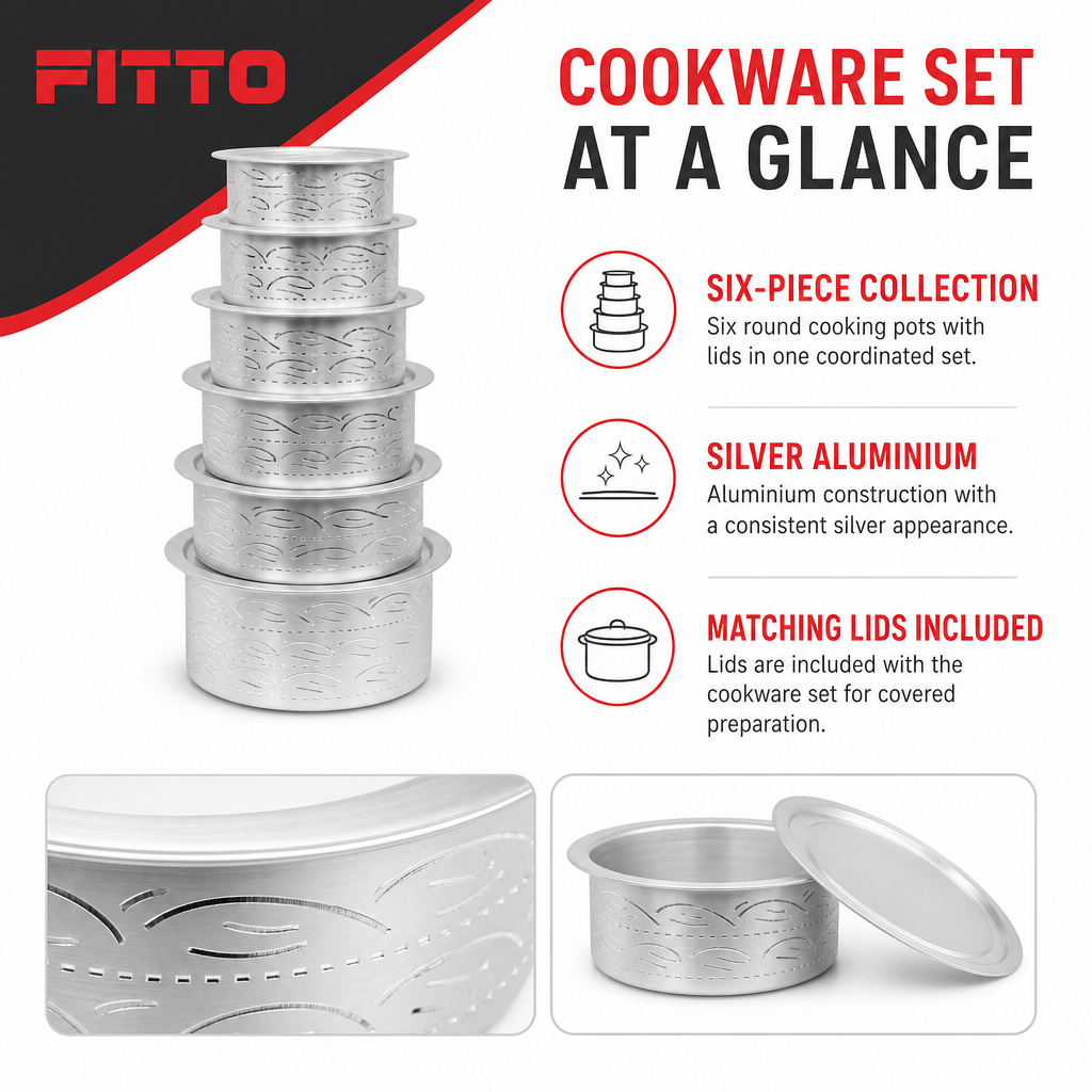 48 Pieces Silver Aluminium Round Cooking Pot Set with Lids, 6-Piece Set