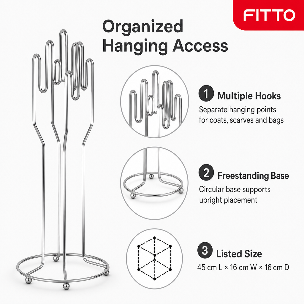 96 Pieces Stainless Steel Multi-Hook Hanging Stand with Circular Base, Freestanding Coat Stand, 1 Piece