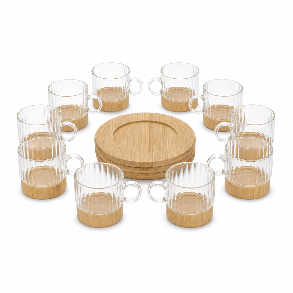 48 Pieces Tea Cup Set with Wooden Saucers, Clear Glass and Natural Wood, 12 Pieces