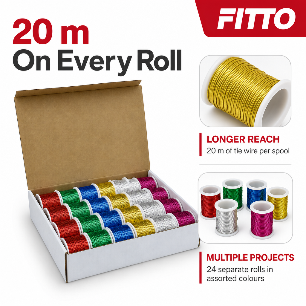 48 Pieces Metallic Twist Tie Wires, Assorted Colours, 20 m per Roll, 24 Rolls