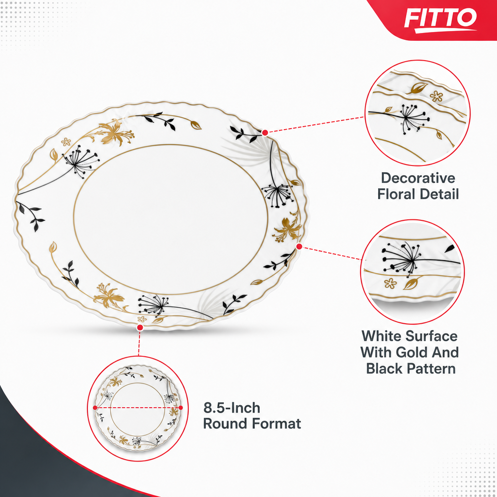 96 Pieces Opal Soup Plate, 8.5 Inch, White With Gold and Black Floral Pattern