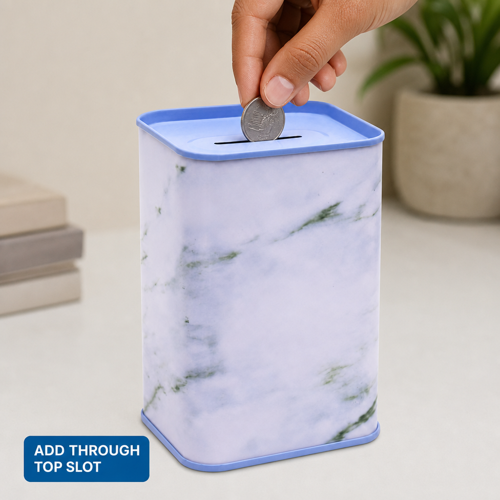 240 Pieces Money Saving Boxes, Square Metal Coin Bank with Slot, White and Blue, 7.8 × 10.5 cm