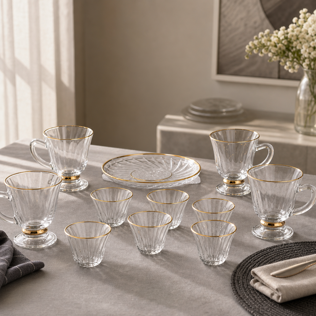 48 Pieces Clear Textured Glass Tea and Coffee Set with Gold Accents, 18 Pieces