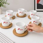 60 Pieces Ceramic Tea and Coffee Cups with Looped Handles and Wooden Saucers, White and Natural Wood, 6 Pieces