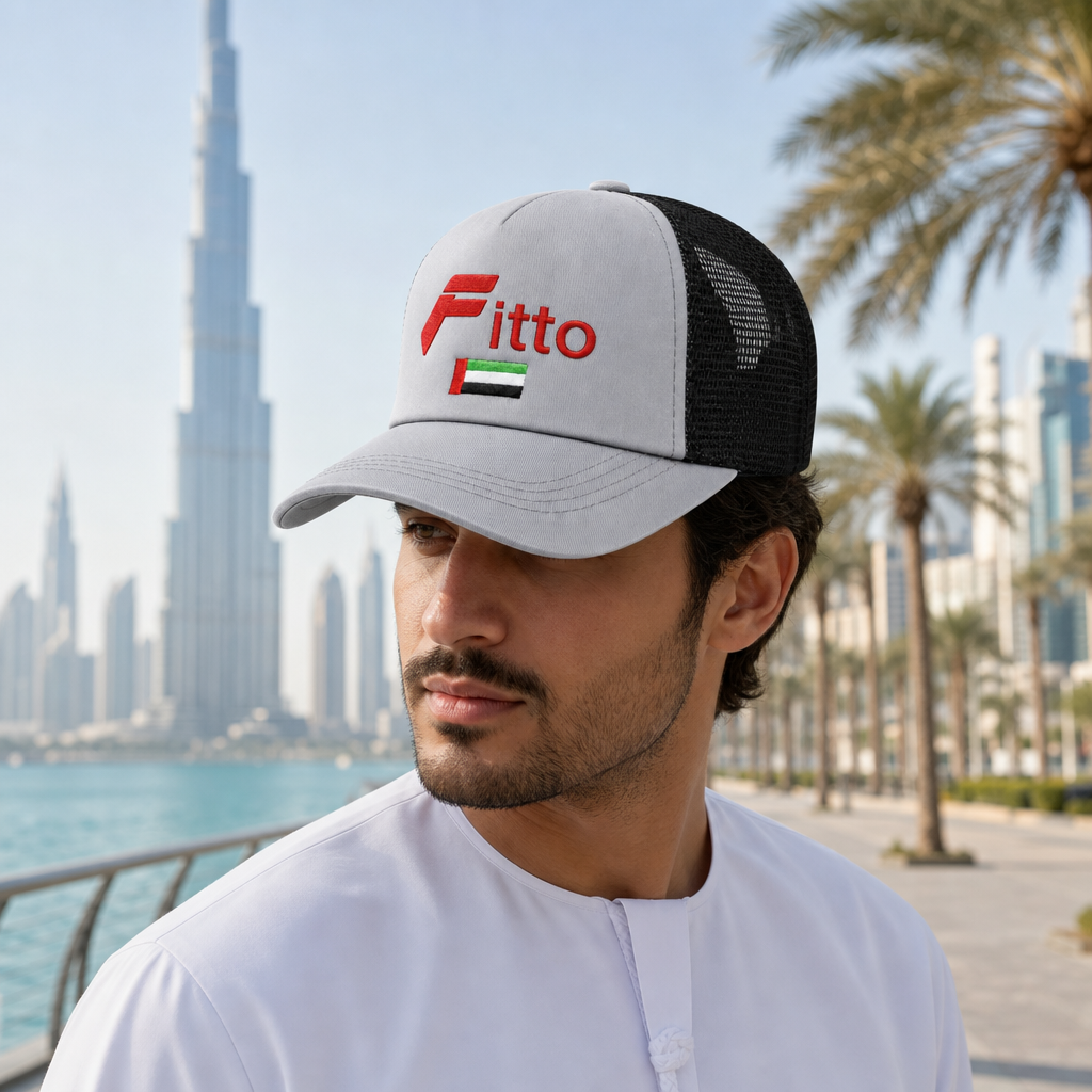 120 Pieces Grey and Black Trucker Cap with UAE Flag Detail, Mesh Back, Curved Brim, 1 Piece