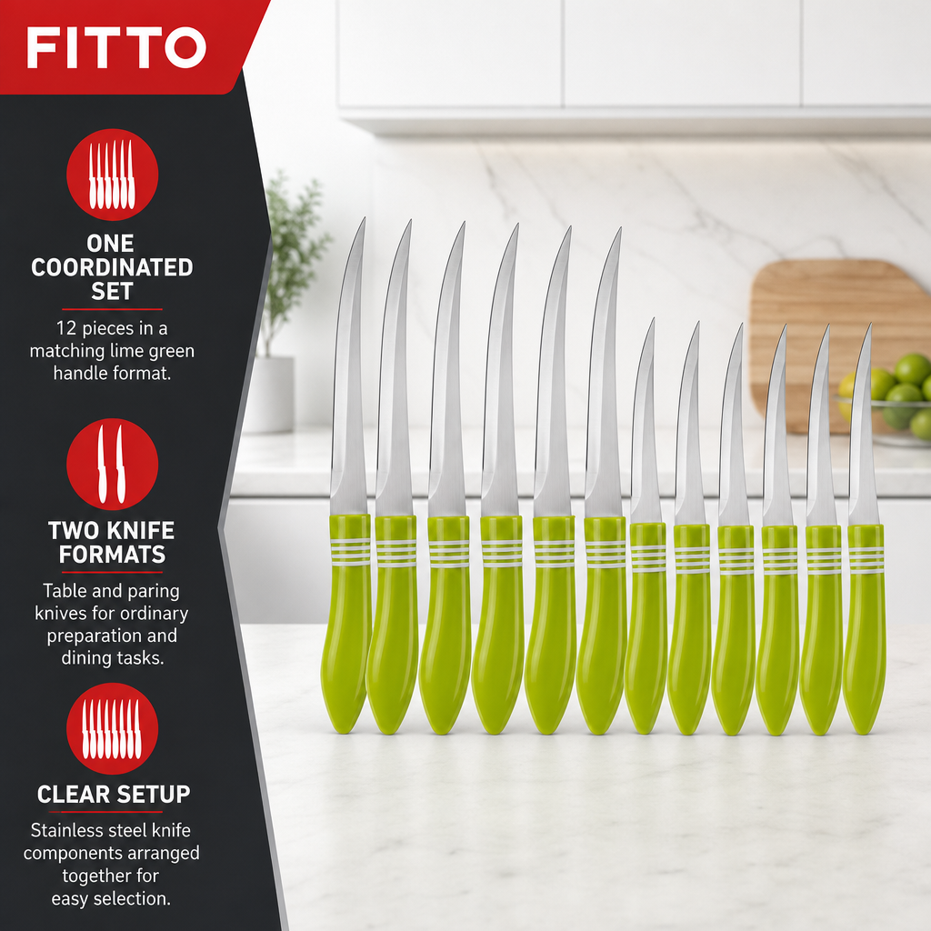 96 Pieces Lime Green Handle Stainless Steel Table and Paring Knife Set, 12 Pieces
