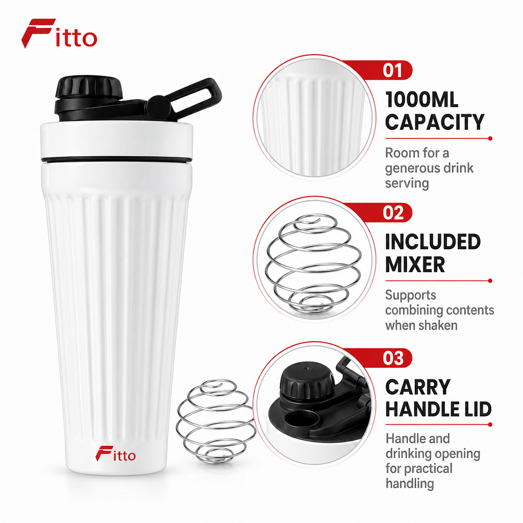 96 Pieces Stainless Steel Shaker Bottle with Mixer, 1000ml, White