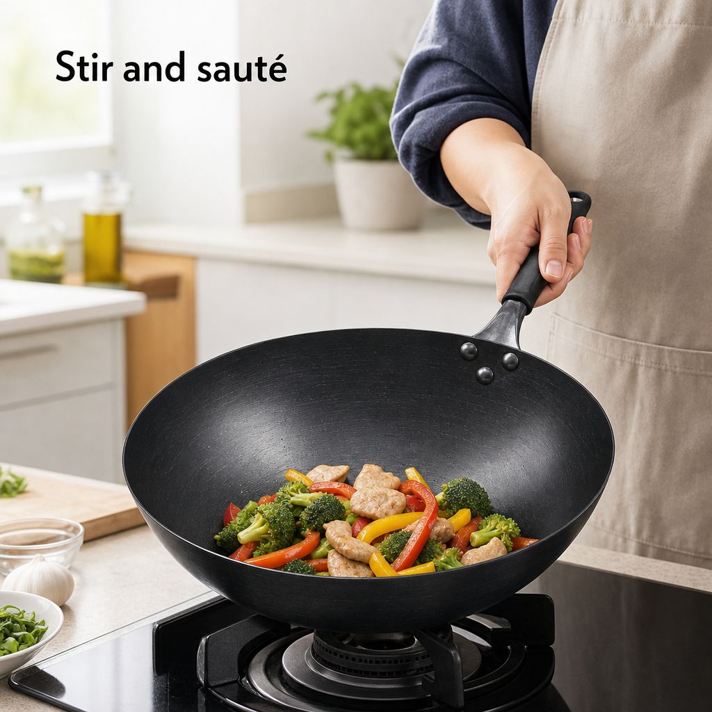 96 Pieces Carbon Steel Wok with Handle, Black, 50 x 36 x 12 cm