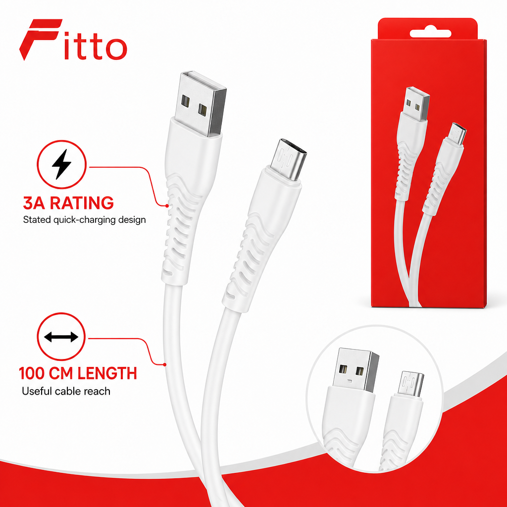 240 Pieces USB-A to Micro-USB Charging Cables, 3A, 100 cm, White