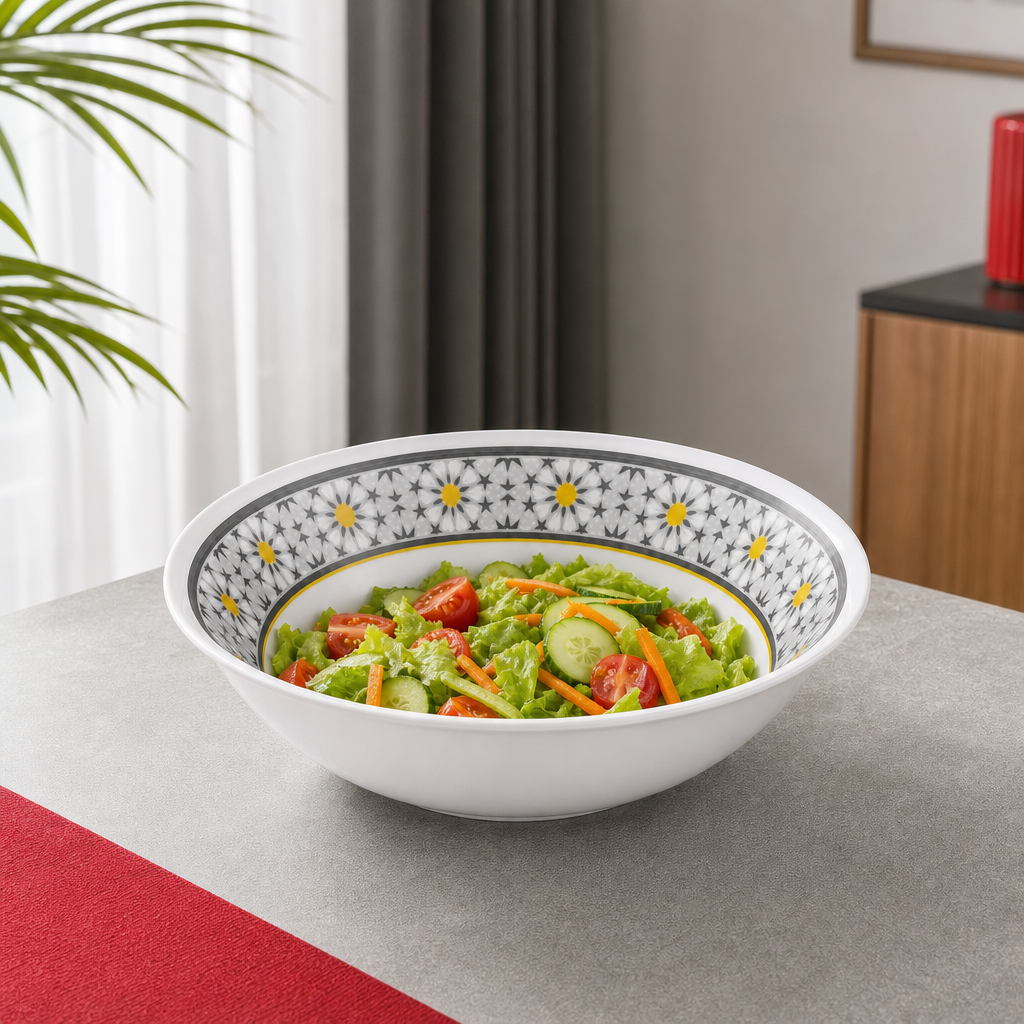 96 Pieces Melamine Salad Bowl, 10 Inch, Round Tablewares, White with Grey Pattern and Yellow Accents