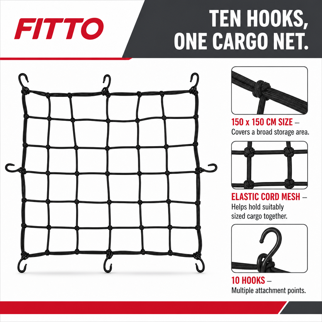 48 Pieces Elastic Cord Cargo Nets, 150 x 150 cm, 10 Hooks, Black Net for Vehicle Storage