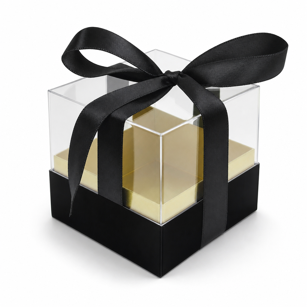 120 Pieces Acrylic Square Box with Ribbon, Black, 9.5 × 9.5 × 9 cm, 1 Piece