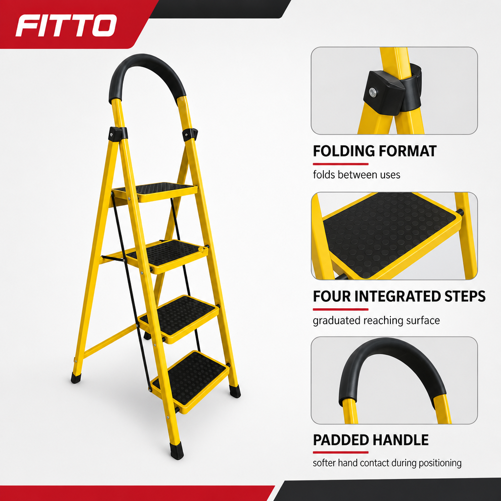 48 Pieces Yellow 4-Step Folding Metal Step Ladders, 141 x 44 cm, Padded Handle, 1 Piece
