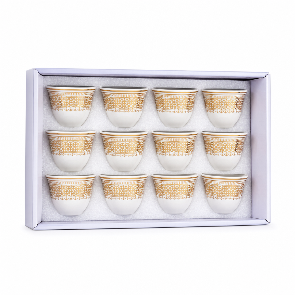 96 Pieces Ceramic Tea Cup Set, White And Gold, 12-Piece Drinkwares Collection