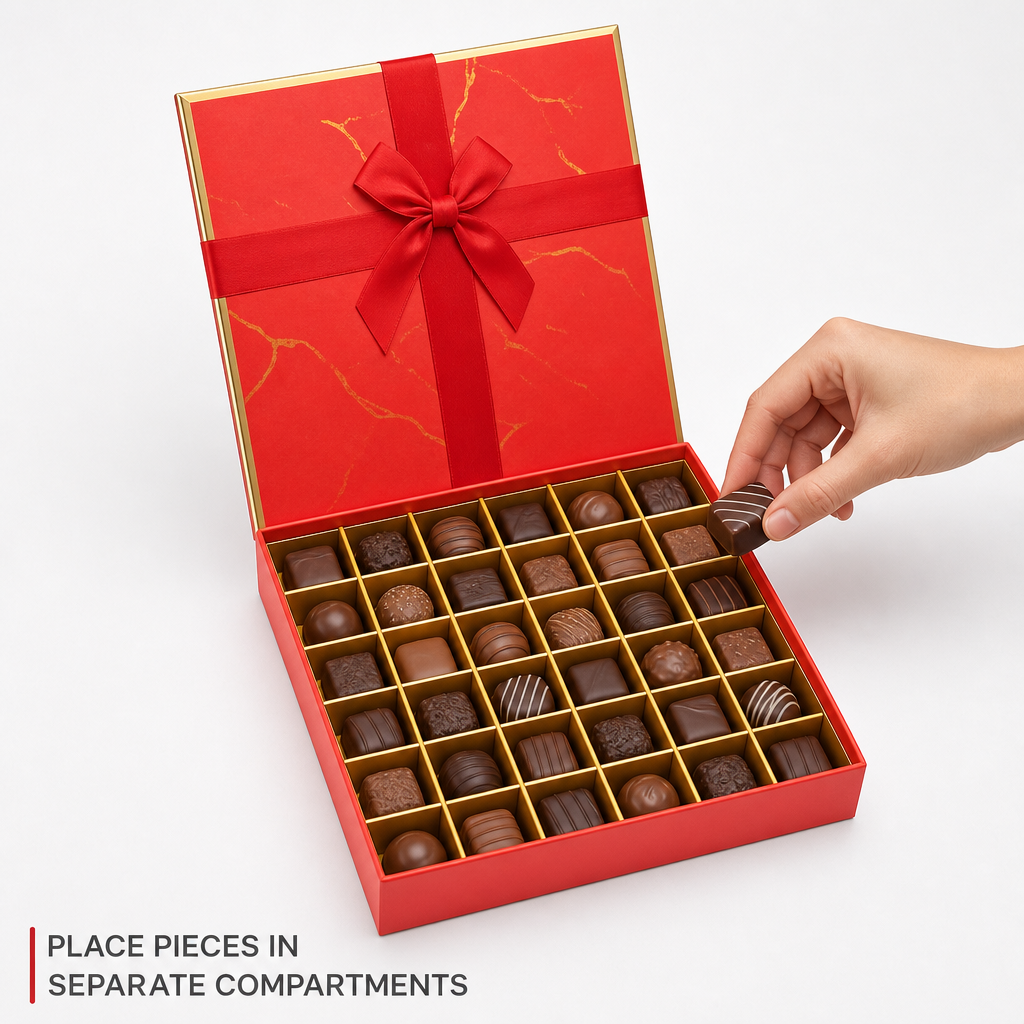 96 Pieces Chocolate Box with 36 Compartments, Red, 23 x 23 x 5 cm, 1 Piece