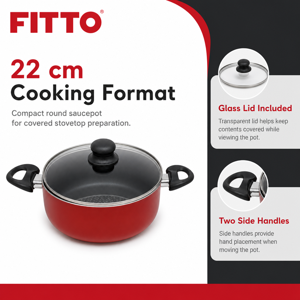 48 Pieces Saucepot 22 cm Red Aluminium Non-Stick Pot with Glass Lid and Side Handles, 1 Piece