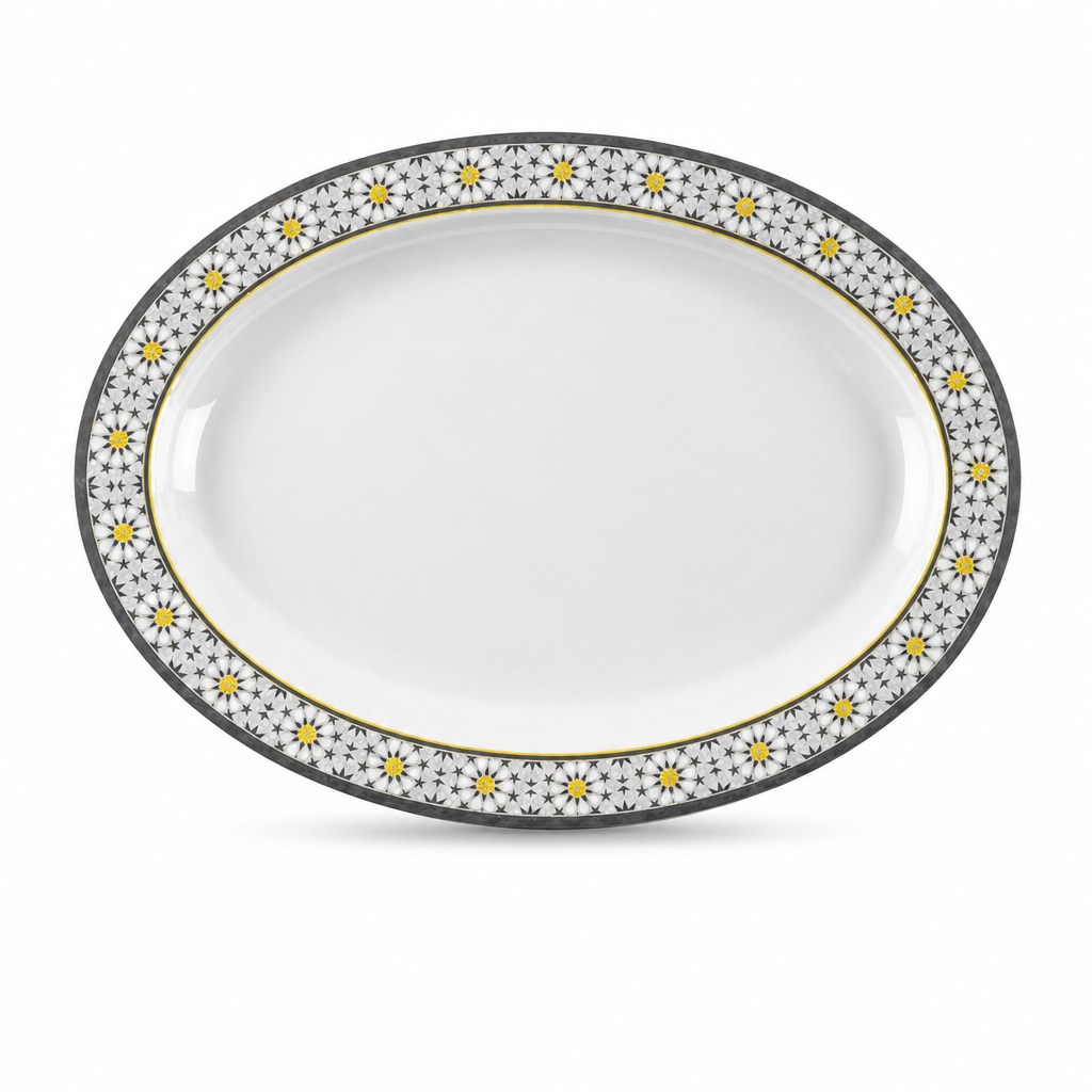 96 Pieces Melamine Wavy Oval Serving Plate, 12 Inch, White Grey with Yellow Accents