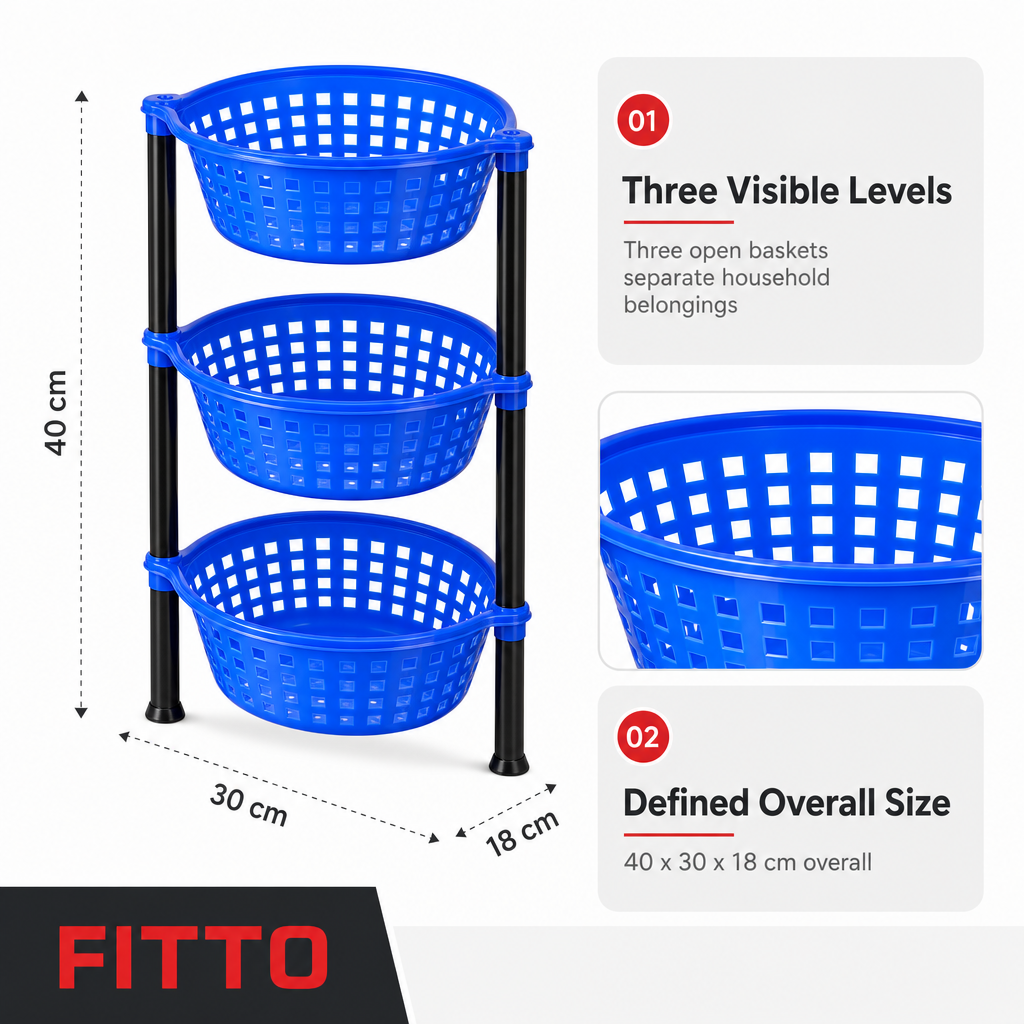 72 Pieces 3-Tier Plastic Storage Basket Rack, Blue, 40 x 30 x 18 cm