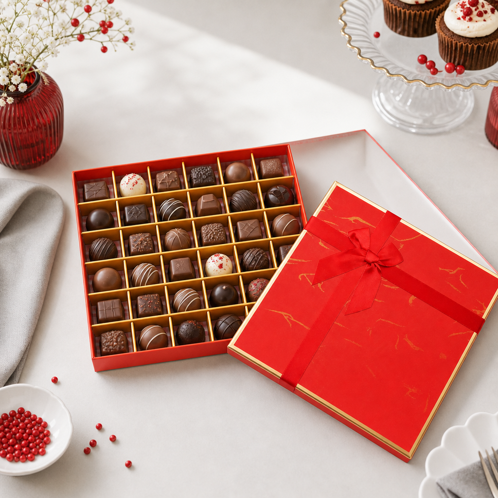 96 Pieces Chocolate Box with 36 Compartments, Red, 23 x 23 x 5 cm, 1 Piece