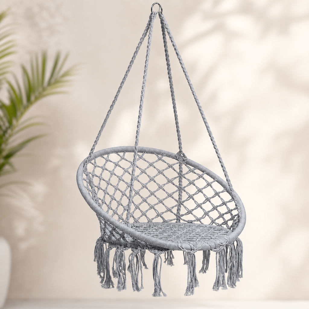48 Pieces Grey Macramé Hanging Rope Swing Chair, 80 x 60 cm Seat, 120 cm Overall Height, 1 Unit