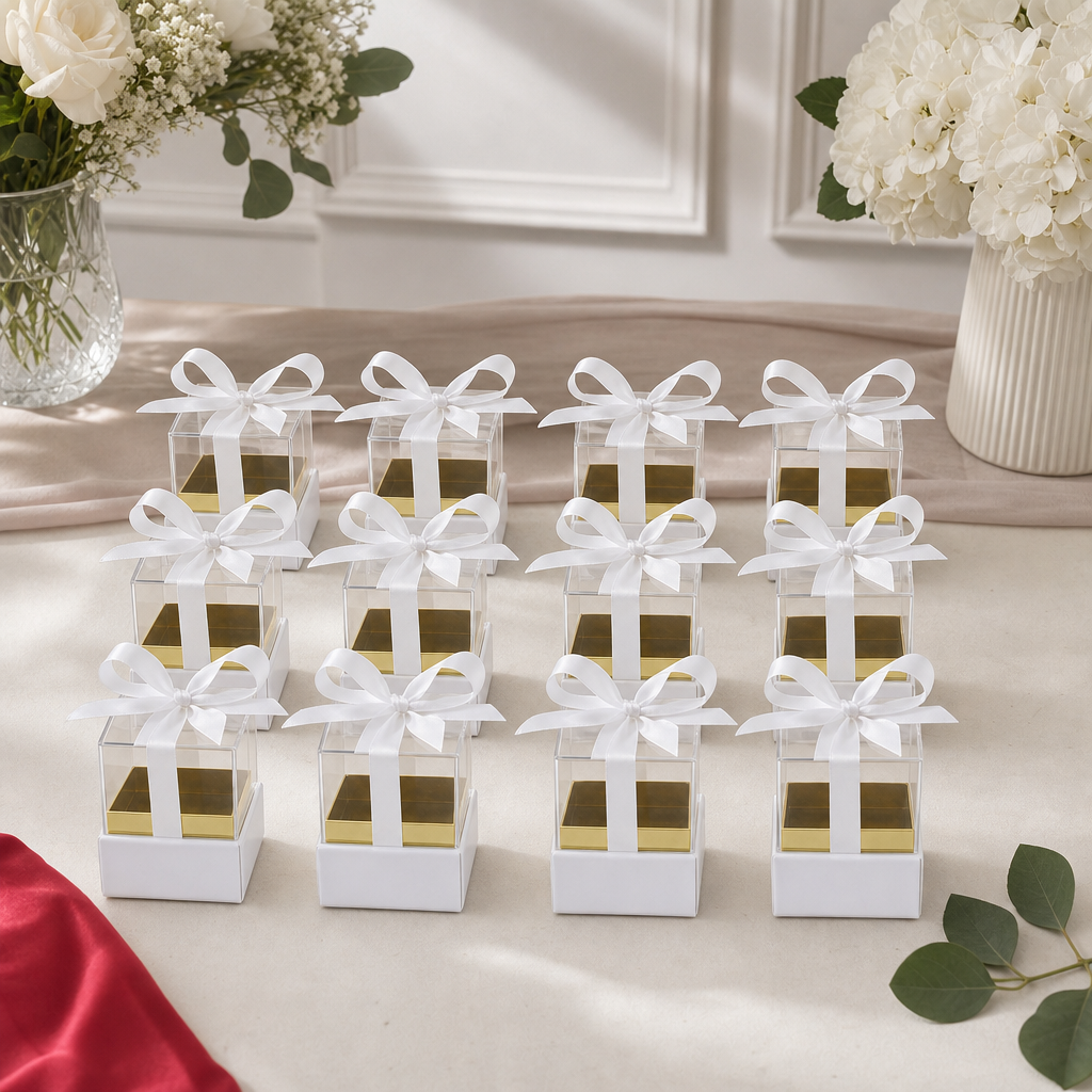60 Pieces Acrylic Presentation Boxes with Ribbon, Square Clear Display Containers, White, 6.5 x 6.5 x 7.2 cm, 12 Pieces