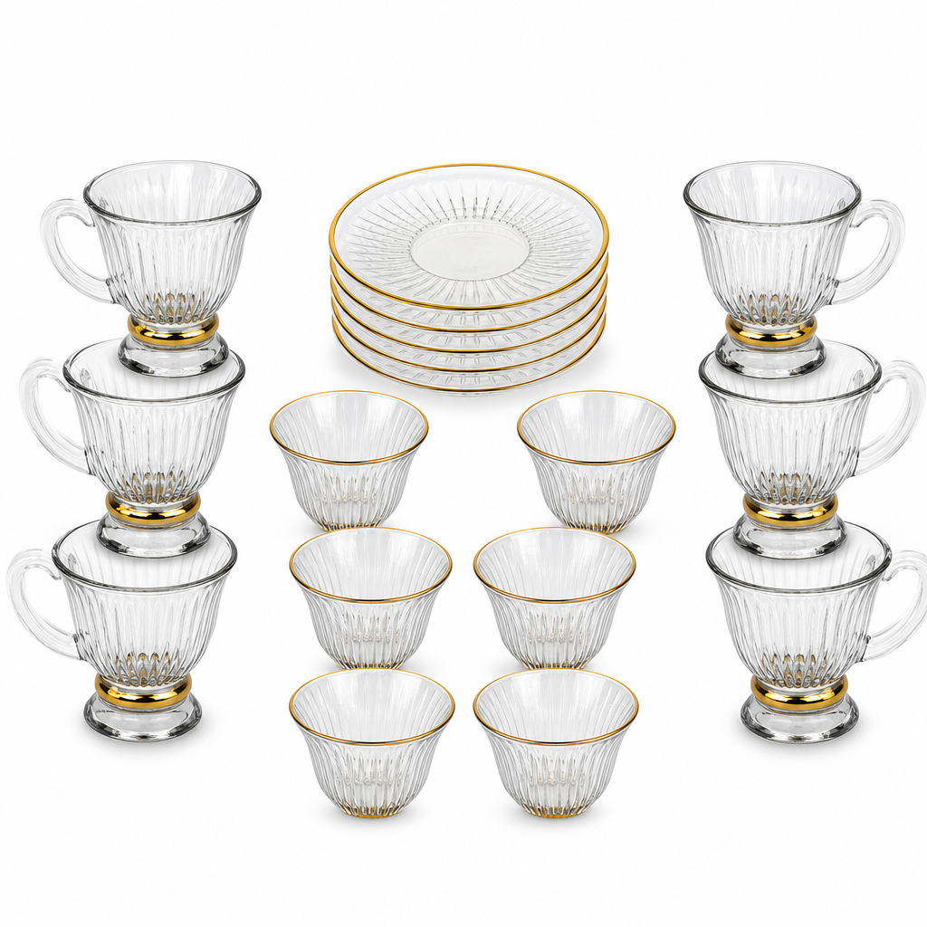 48 Pieces Clear Fluted Glass Tea and Coffee Set with Gold Accents, 18 Pieces