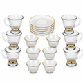 48 Pieces Clear Fluted Glass Tea and Coffee Set with Gold Accents, 18 Pieces