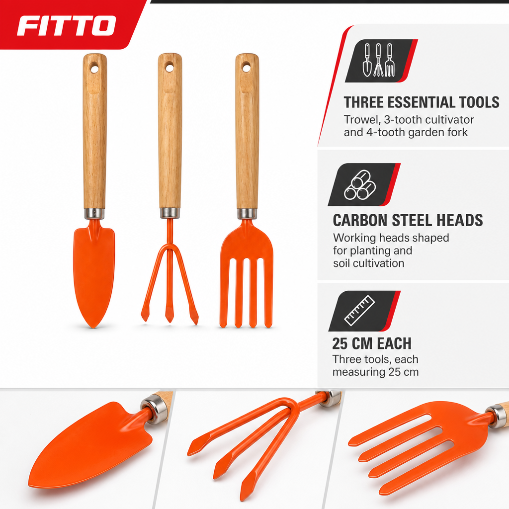 72 Pieces 3-Piece Garden Tool Set, Carbon Steel Trowel, 3-Tooth Cultivator and 4-Tooth Fork, 25 cm, Orange and Wood