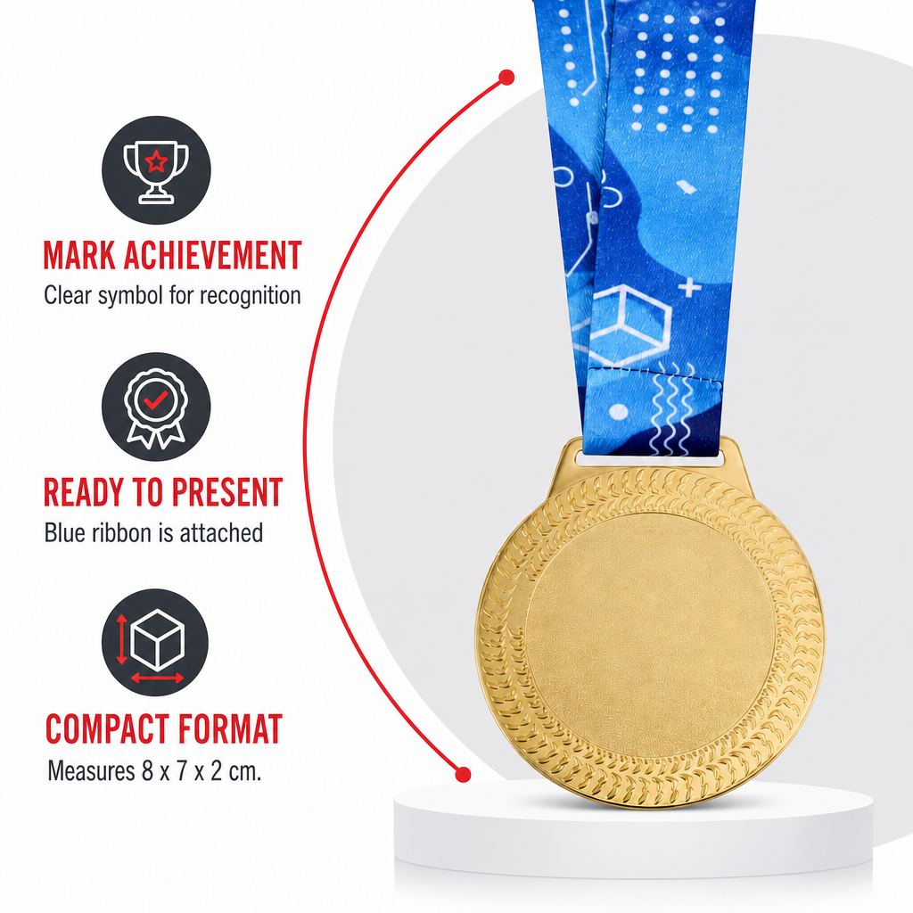 144 Pieces Award Medal with Blue Ribbon, Metallic Finish, 8 x 7 x 2 cm