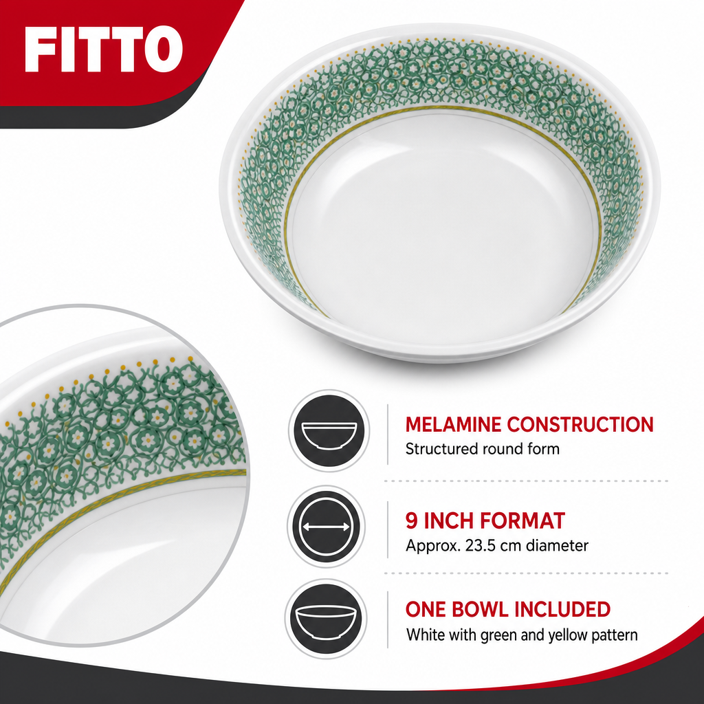 96 Pieces Melamine Salad Bowl, 9 Inch, White with Green and Yellow Pattern, Round Tablewares for Serving