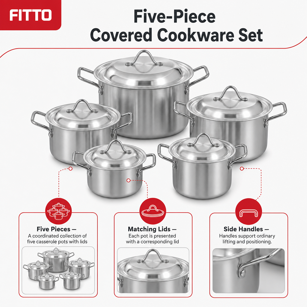 48 Pieces Stainless Steel Casserole Pot Set With Lids, Large Size, 5-Piece Cookwares Set