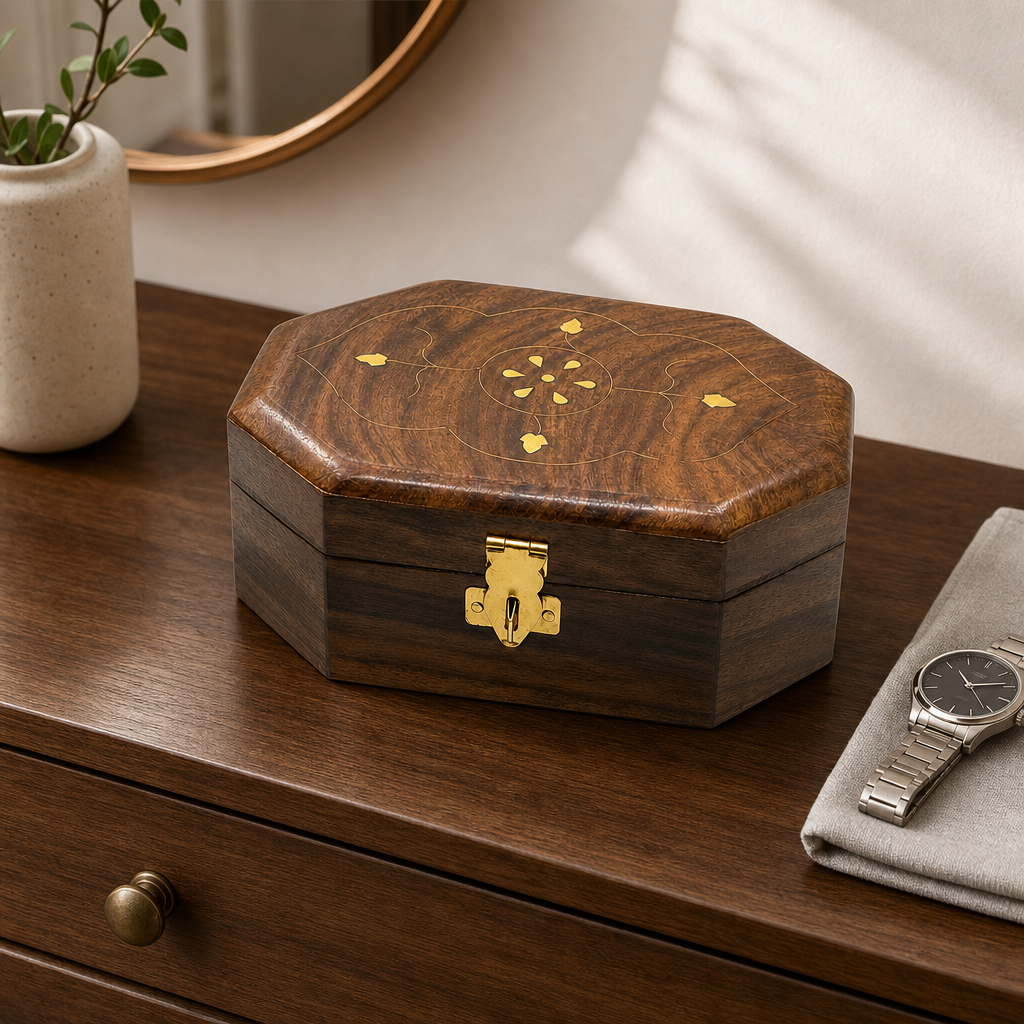 96 Pieces Wooden Octagonal Storage Box, 8 x 5 Inch, Hinged Lid and Front Clasp, Brown Decorative Organizer