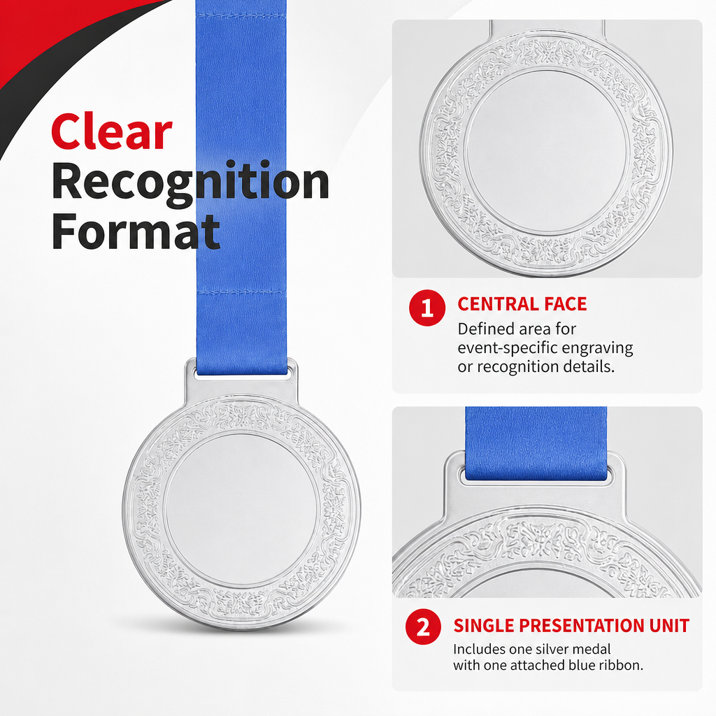 144 Pieces Engraved Sports Medal with Blue Ribbon, Silver, 10 cm