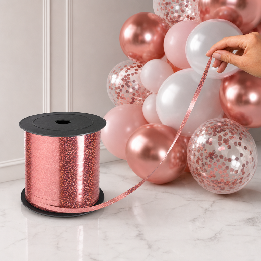 96 Pieces Rose Gold Laser Balloon Ribbon Roll, 5 mm x 500 yd, Party Decorations Ribbon