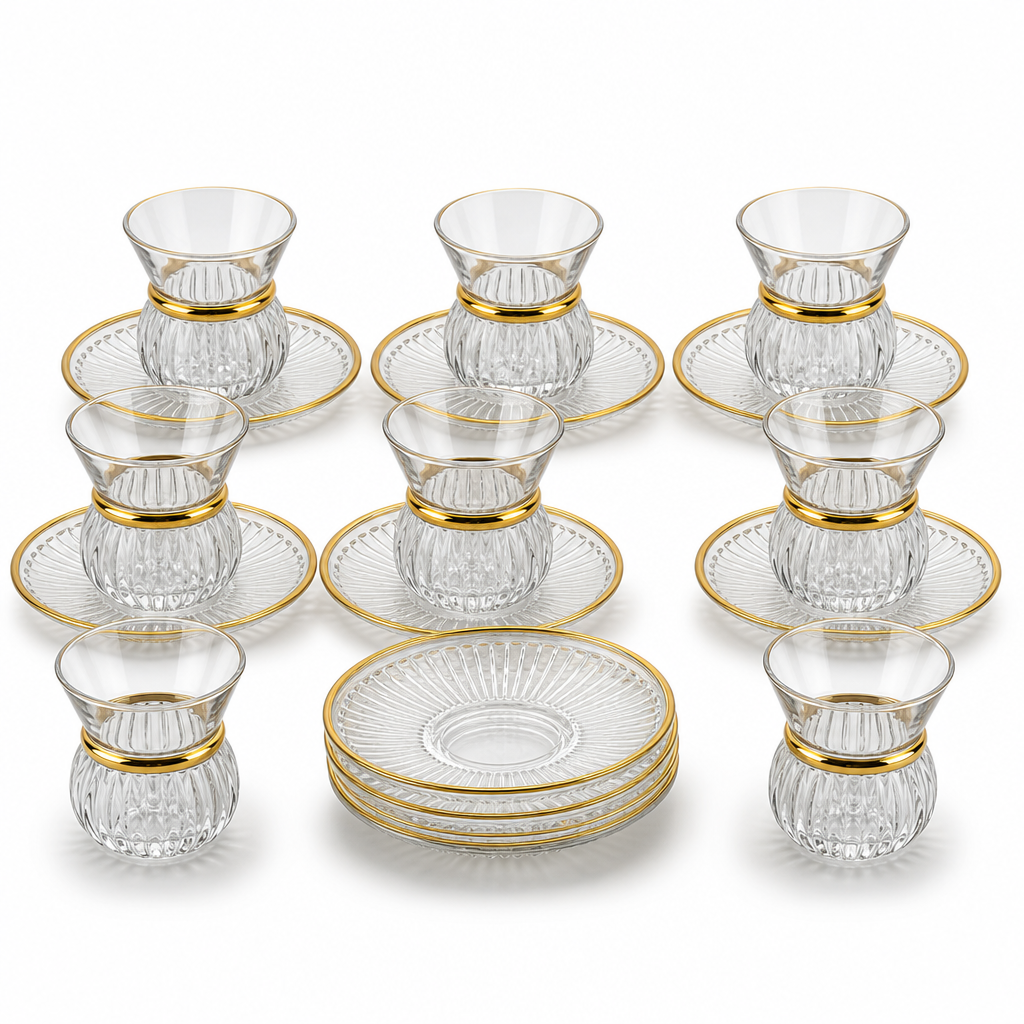 60 Pieces Ribbed Glass Tea Cup and Saucer Set with Gold Rim, 12-Piece Clear Drinkwares Collection