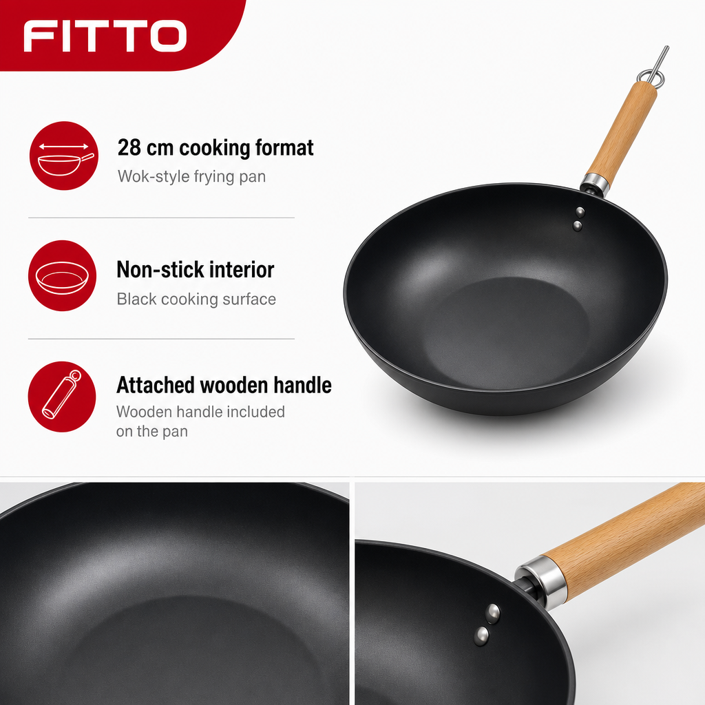 96 Pieces Non-Stick Wok Frying Pan with Wooden Handle, 28 cm