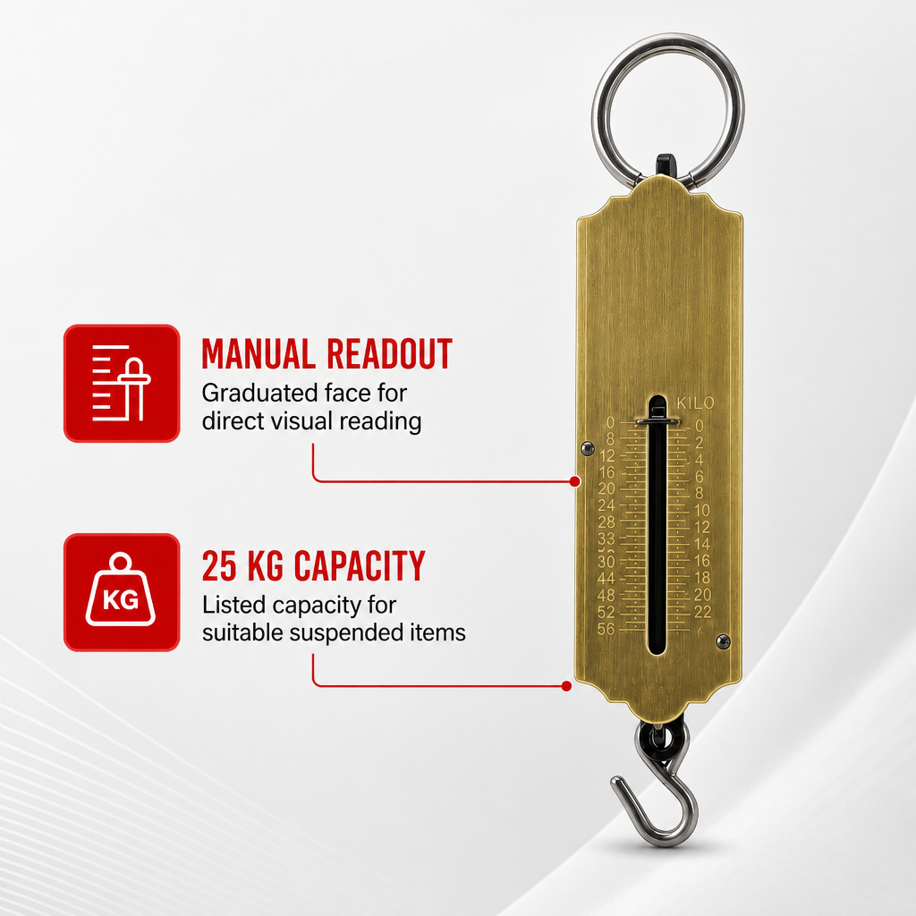 120 Pieces Mechanical Spring Hanging Scale, 25 kg Capacity, 15 cm Brass Body, Manual Weighing Tool, 1 Piece