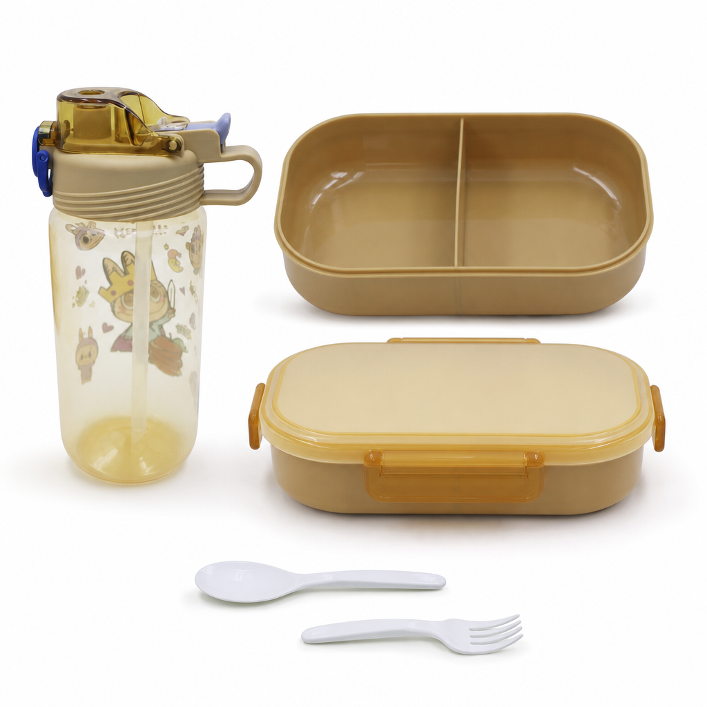 96 Pieces Assorted Colour Rectangular Plastic Lunch Box Set with 600 ml Bottle, Spoon and Fork