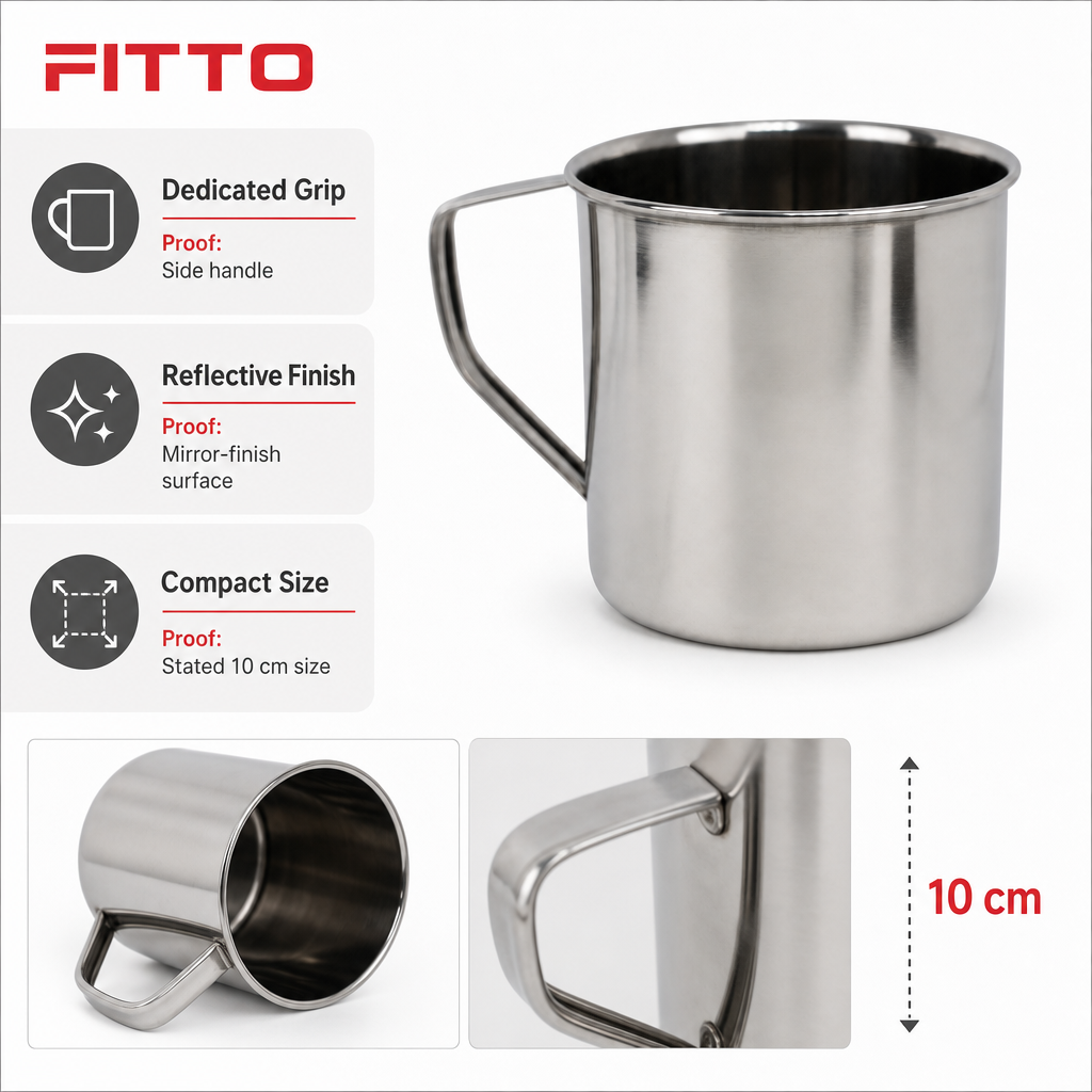 96 Pieces Stainless Steel Water Mug with Handle, 10 cm, Mirror Finish